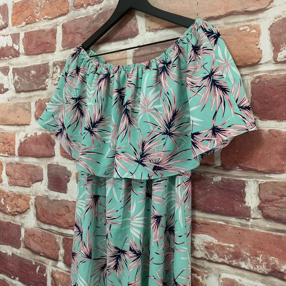 BUDDY LOVE WOMEN'S AQUA BLUE & PINK TROPICAL PALM OFF SHOULDER RUFFLE DRESS - Picture 3 of 8